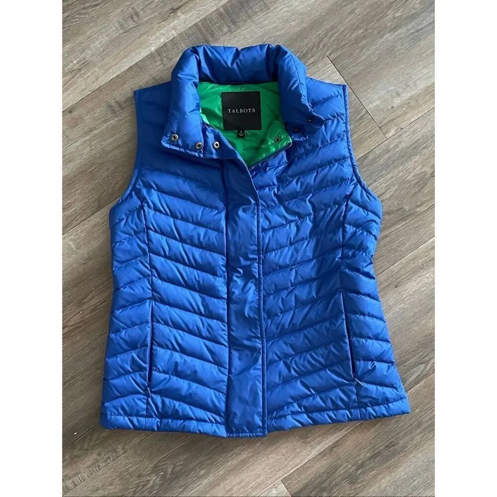 Talbots blue/green puffer vest zip/snap front EUC size small